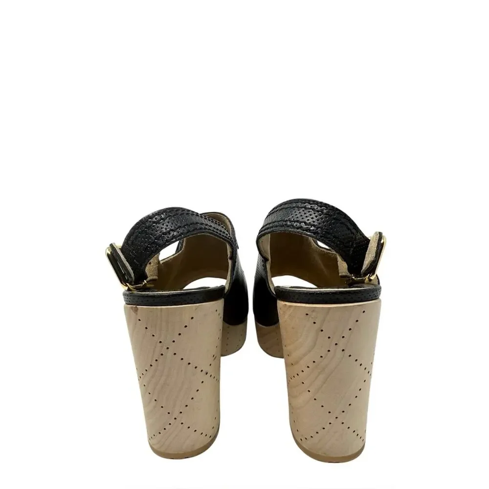 Chanel CC Logo Black Leather Slingback Platform Slingback Block Heel Clogs 39.5